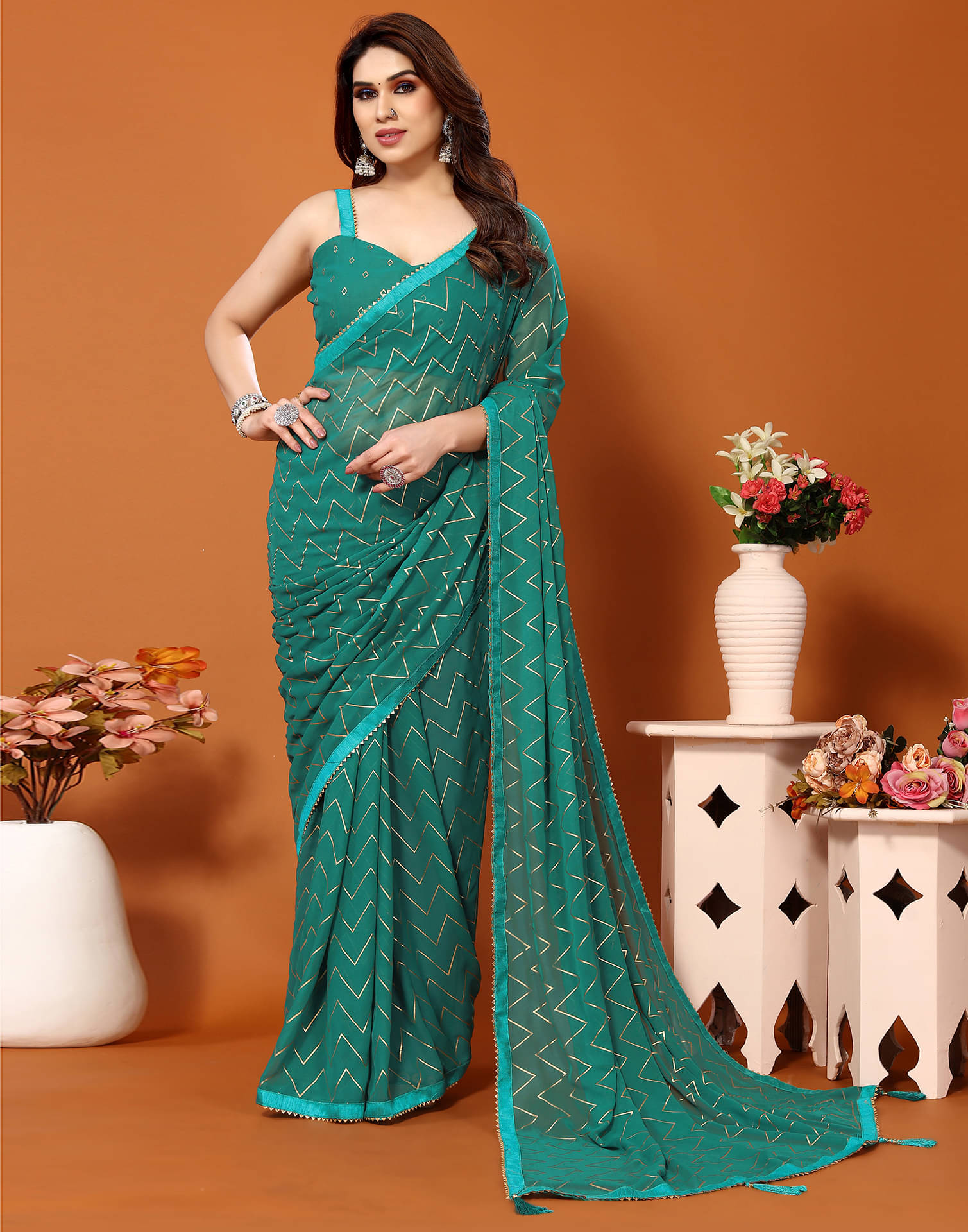 Samah Georgette Printed Saree With Unstitched Blouse Piece ( Green ) Samah Georgette Printed Saree With Unstitched Blouse Piece ( Green )