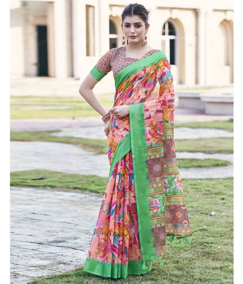     			Samah Linen Printed Saree With Unstitched Blouse Piece ( Peach )