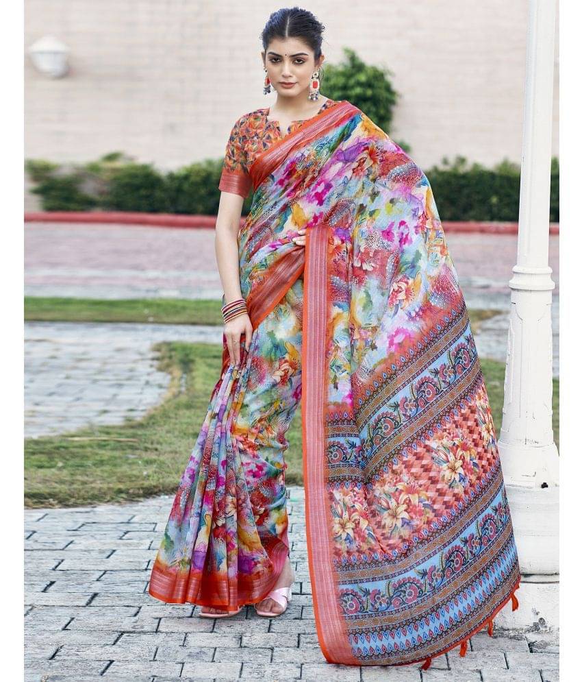 Samah Linen Printed Saree With Unstitched Blouse Piece ( Multicolour ) Samah Linen Printed Saree With Unstitched Blouse Piece ( Multicolour )