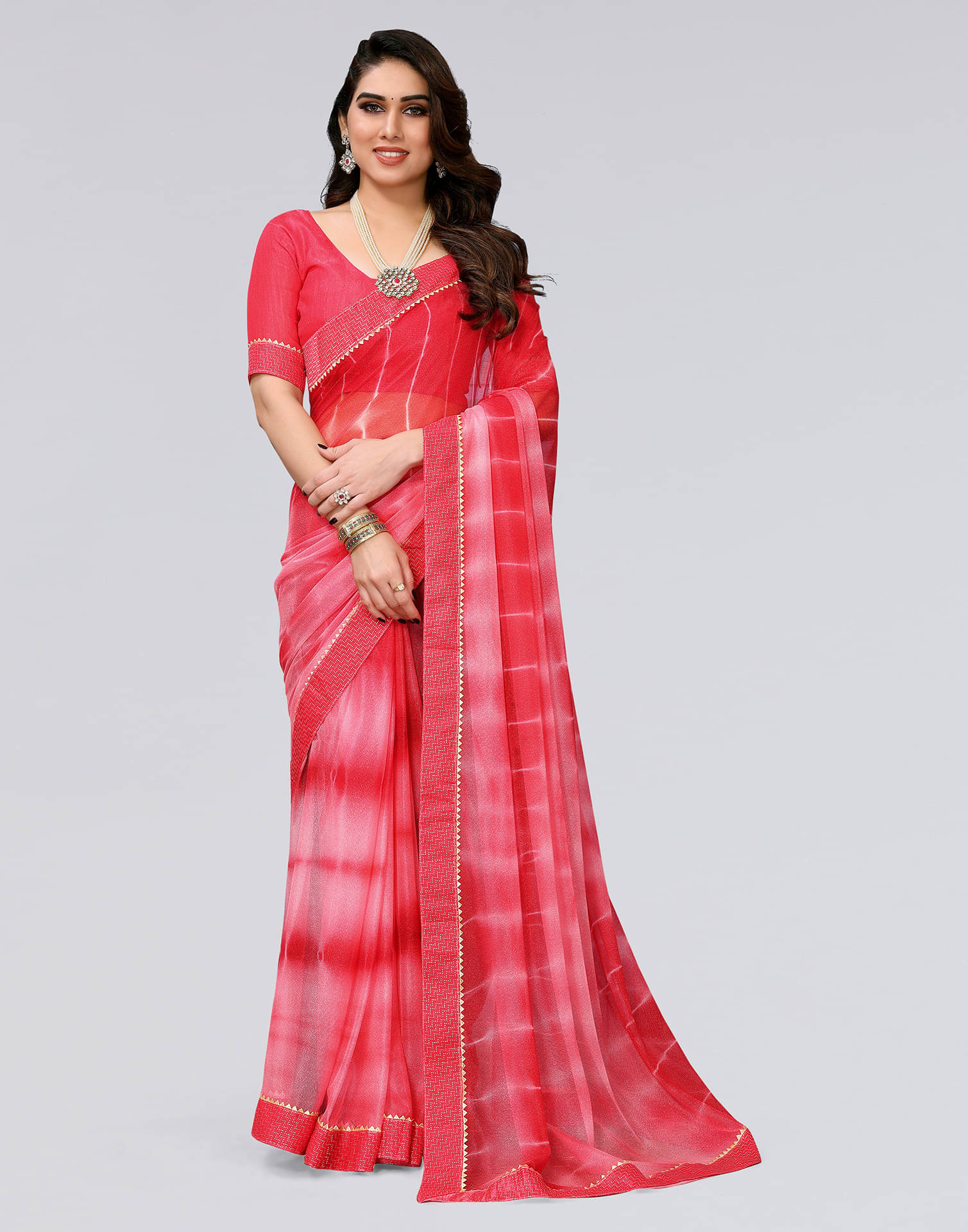 Samah Lycra Printed Saree With Unstitched Blouse Piece ( Pink ) Samah Lycra Printed Saree With Unstitched Blouse Piece ( Pink )