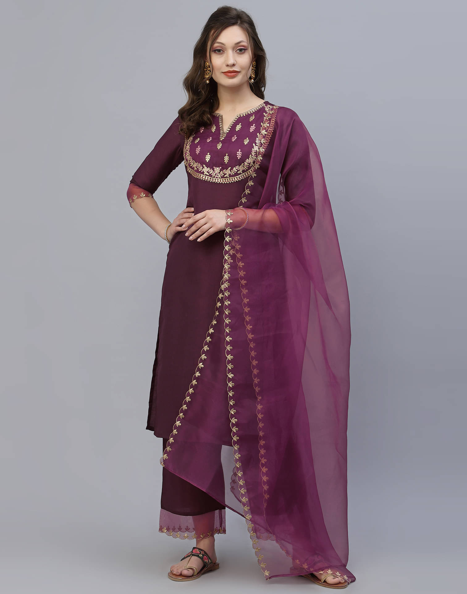    			Skylee Chiffon Embroidered Kurti With Pants Women's Stitched Salwar Suit - Wine ( Pack of 1 )