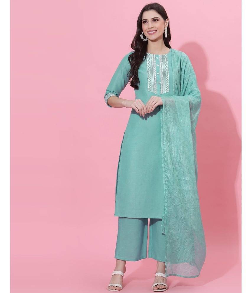 Skylee Cotton Blend Embroidered Kurti With Pants Women's Stitched Salwar Suit - Blue ( Pack of 1 ) Skylee Cotton Blend Embroidered Kurti With Pants Women's Stitched Salwar Suit - Blue ( Pack of 1 )