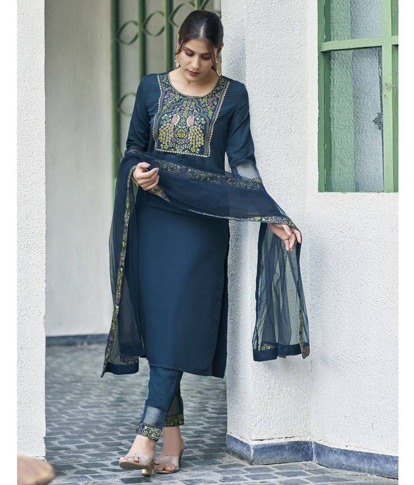 Skylee Cotton Blend Printed Kurti With Pants Women's Stitched Salwar Suit - Teal ( Pack of 1 ) Skylee Cotton Blend Printed Kurti With Pants Women's Stitched Salwar Suit - Teal ( Pack of 1 )