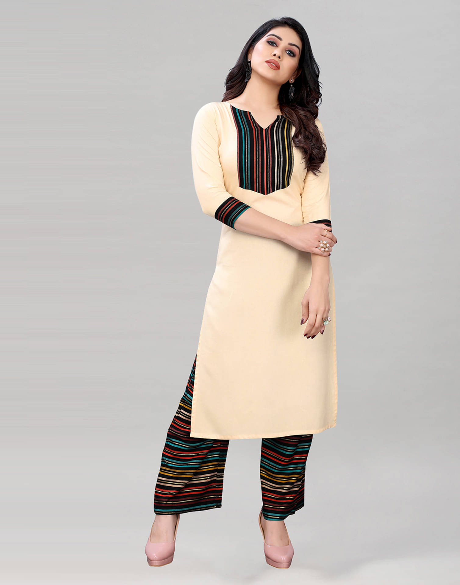 Skylee Rayon Striped Straight Women's Kurti - Beige ( Pack of 1 ) Skylee Rayon Striped Straight Women's Kurti - Beige ( Pack of 1 )