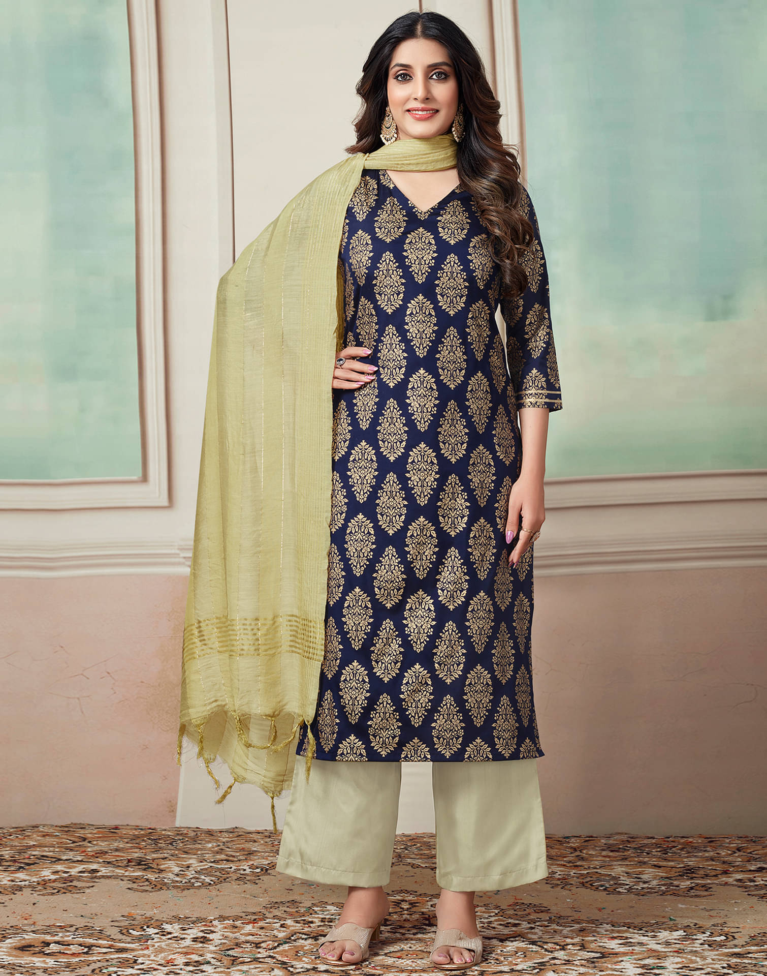     			Skylee Silk Blend Printed Kurti With Pants Women's Stitched Salwar Suit - Navy Blue ( Pack of 1 )
