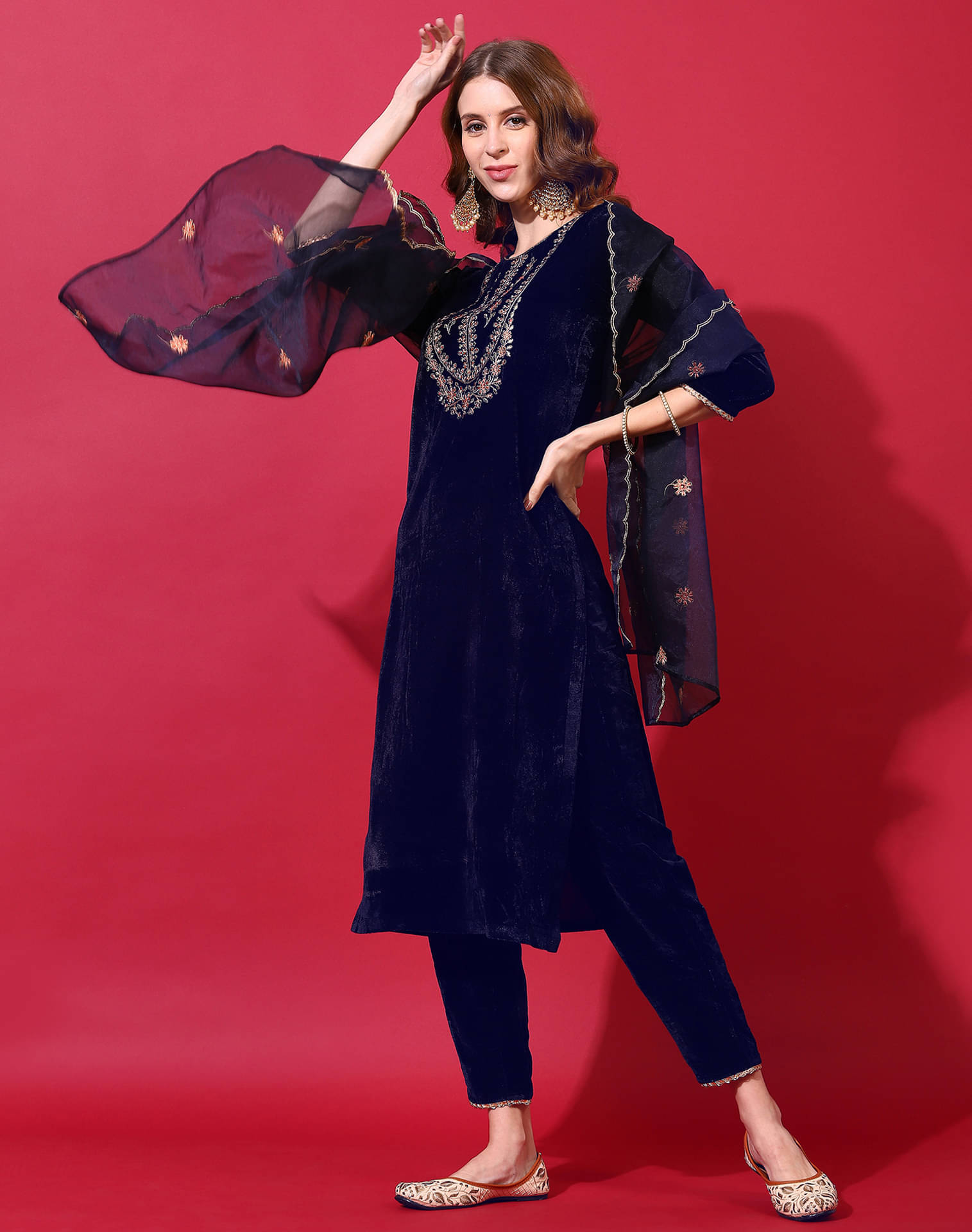     			Skylee Velvet Embroidered Kurti With Pants Women's Stitched Salwar Suit - Navy Blue ( Pack of 1 )
