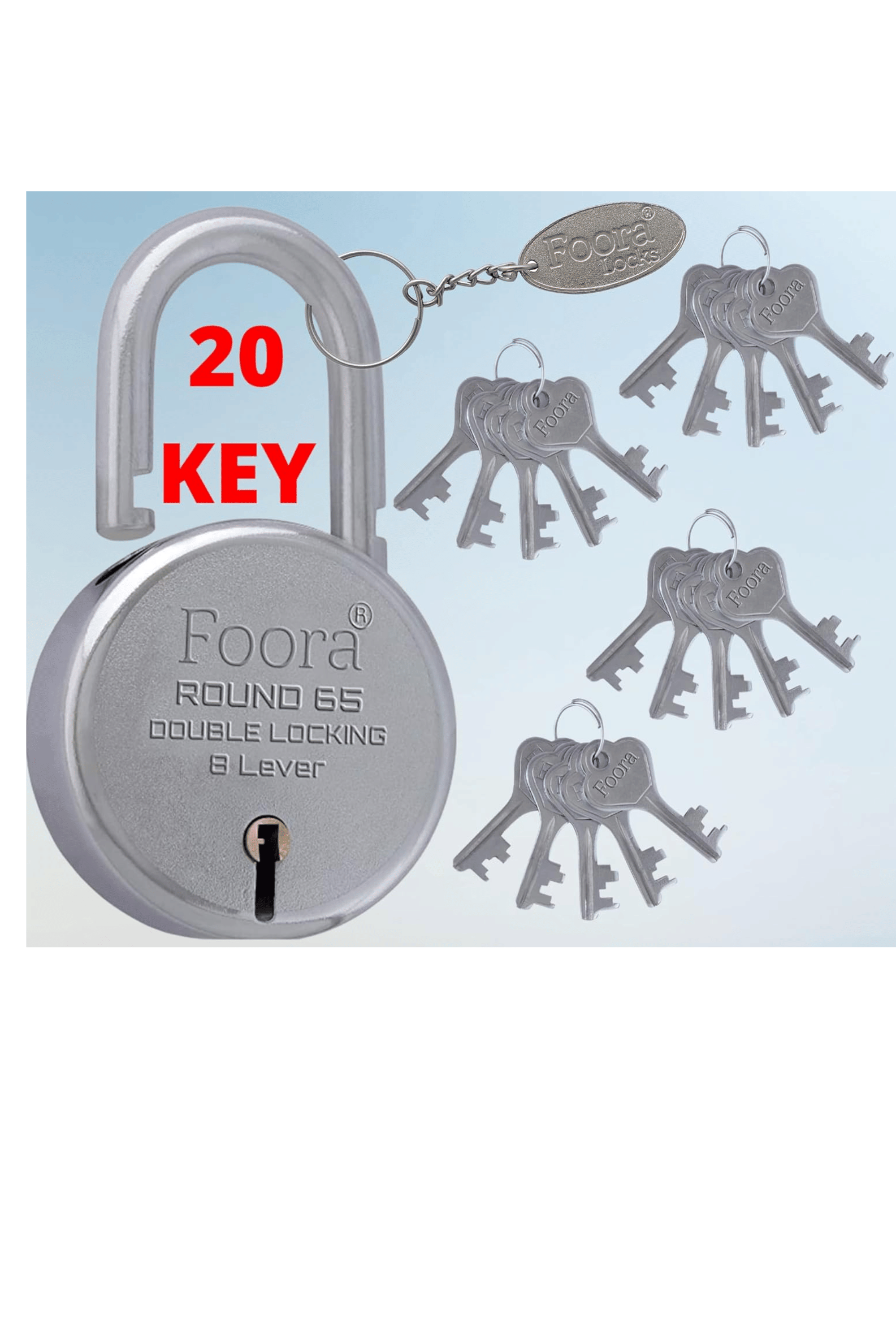Foora Round 65mm Lock with 20 Silver Keys with Keychain