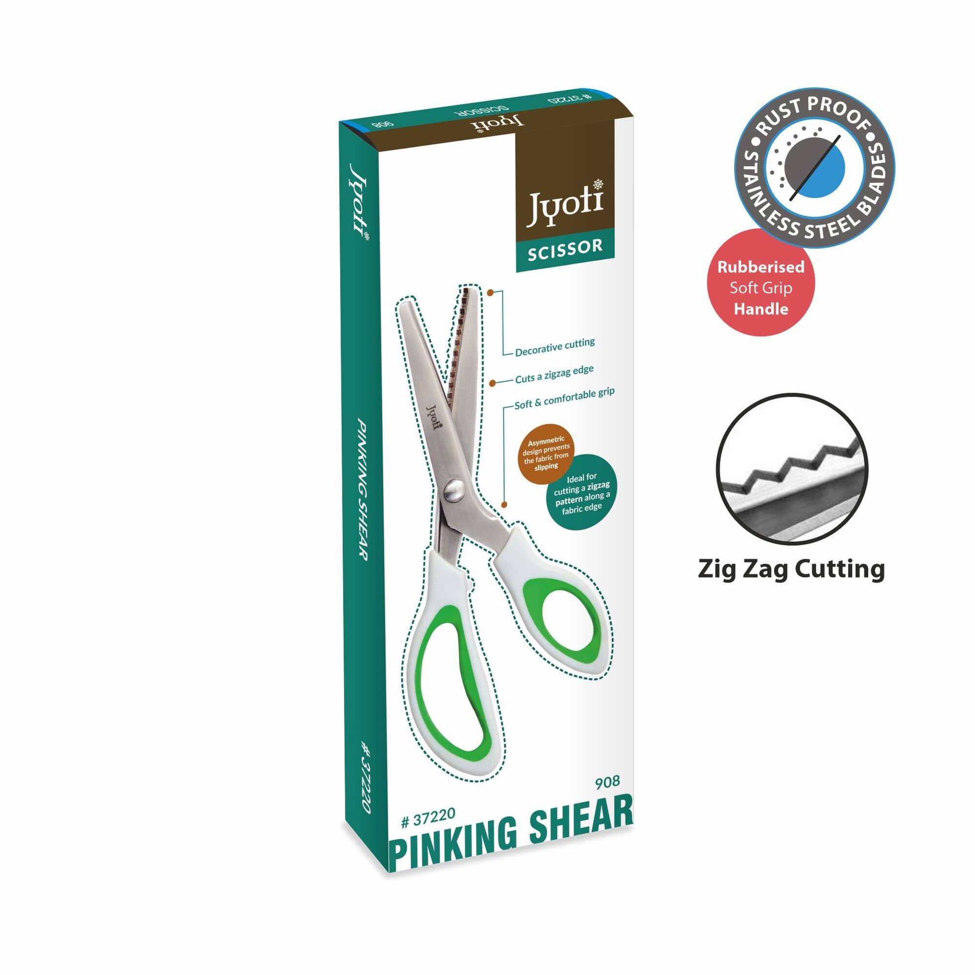 Jyoti Scissor - Pinking Shear - 908 Zig Zag (9 Inch) Stainless Steel Blades with Long & Soft Rubberized Handle - Pack of 1 - Stationery | Buy online on ZillyBuy