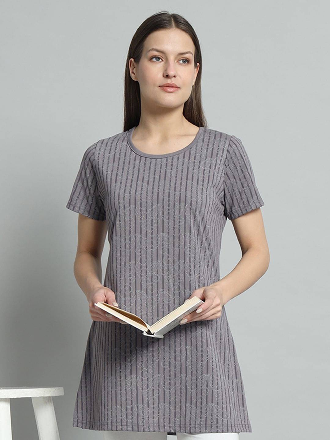 OGEN Women Cotton Blend Striped Regular Fit Round Neck T-Shirt ( Lavender ) OGEN Women Cotton Blend Striped Regular Fit Round Neck T-Shirt ( Lavender )