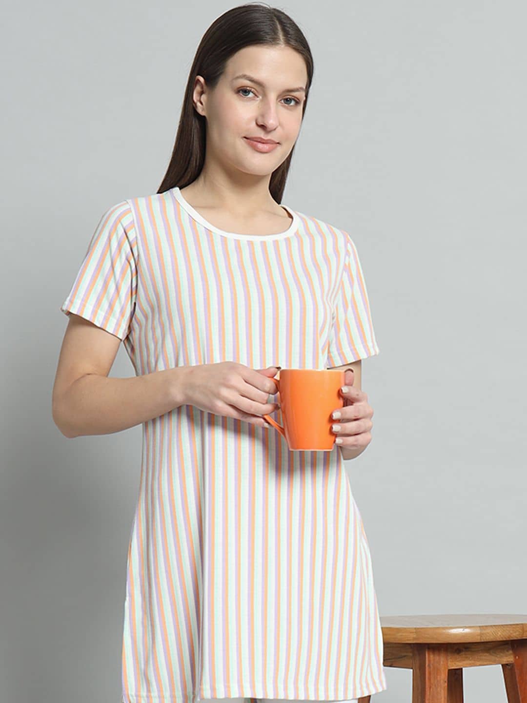 OGEN Women Cotton Blend Striped Regular Fit Round Neck T-Shirt ( White )