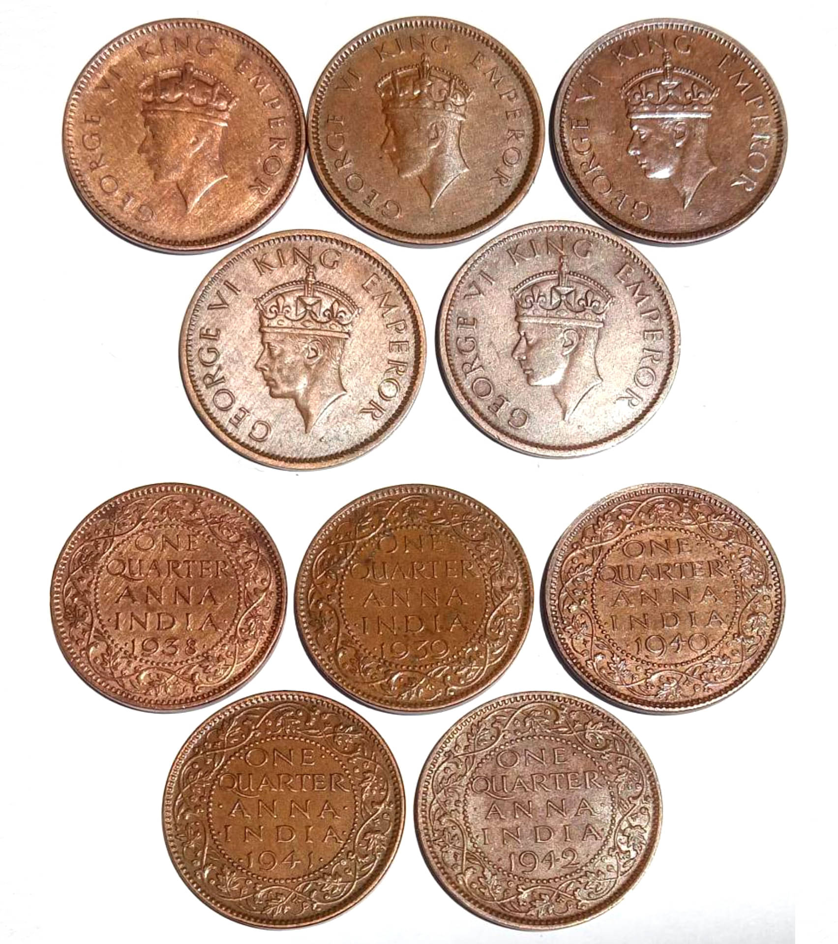     			One Quarter Anna Year Wise Complete Set 1938 To 1942, British India King George VI