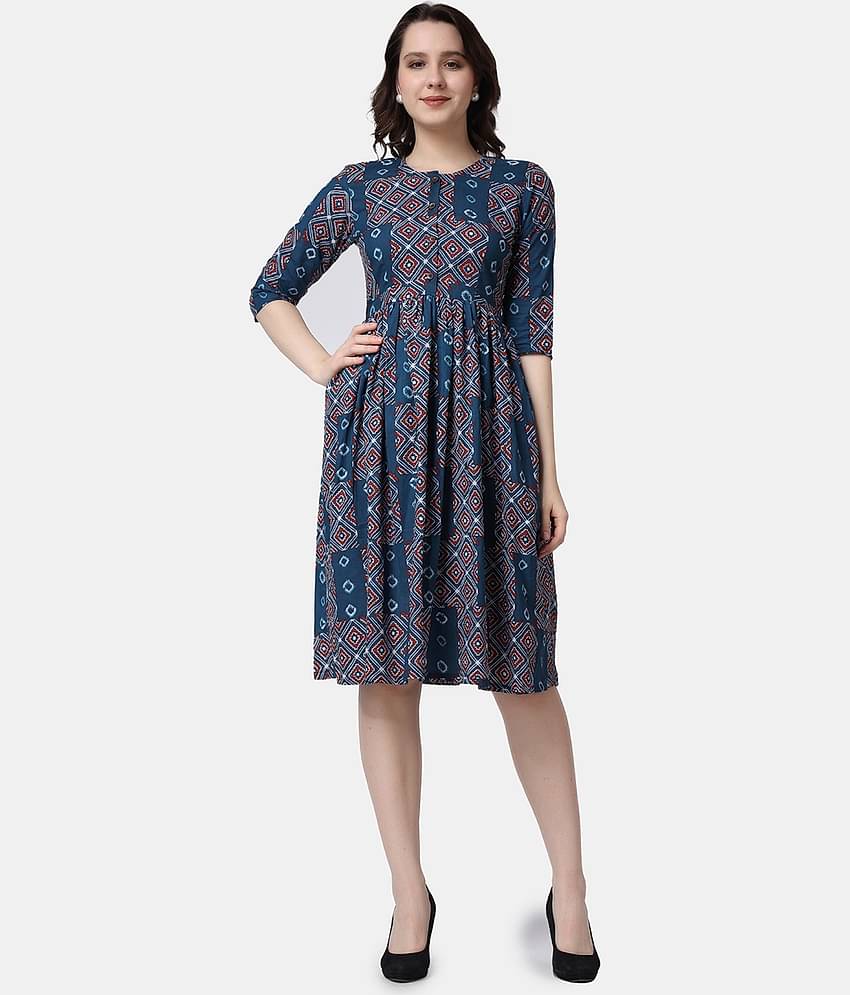 POPWINGS Women Cotton Printed Fit & Flare Dress ( Navy Blue )