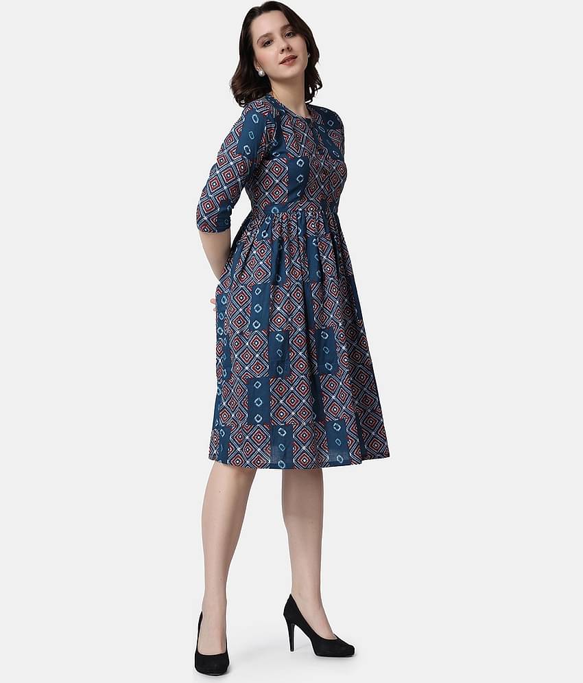 POPWINGS Women Cotton Printed Fit & Flare Dress ( Navy Blue )