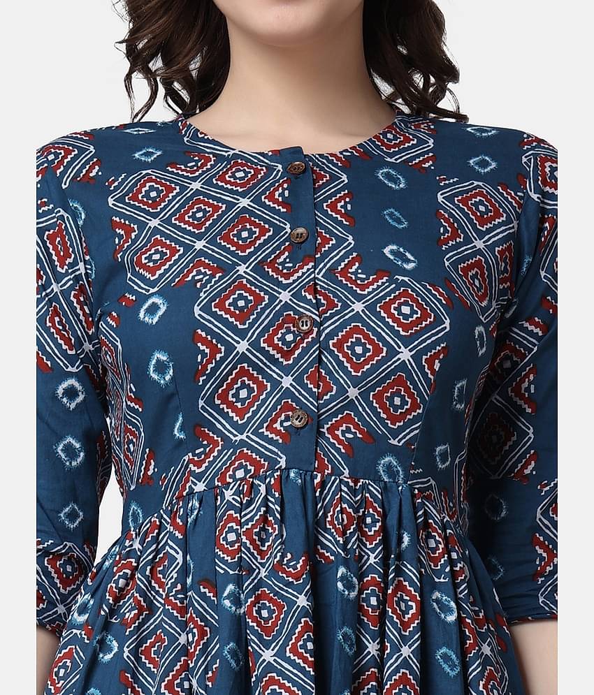POPWINGS Women Cotton Printed Fit & Flare Dress ( Navy Blue )