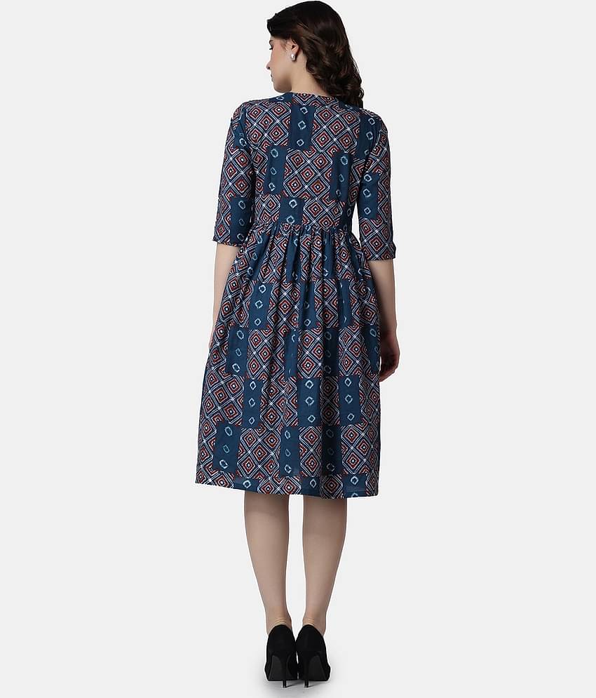 POPWINGS Women Cotton Printed Fit & Flare Dress ( Navy Blue )