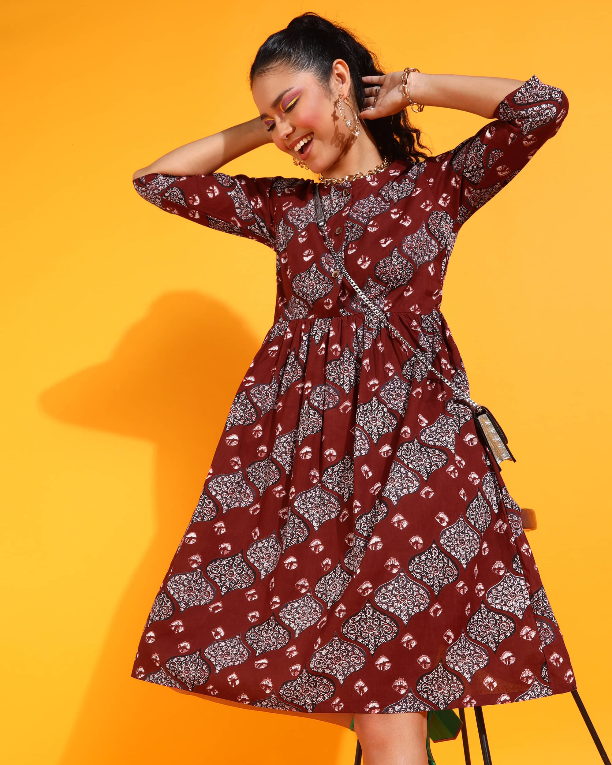     			POPWINGS Women Cotton Printed Fit & Flare Dress ( Maroon )