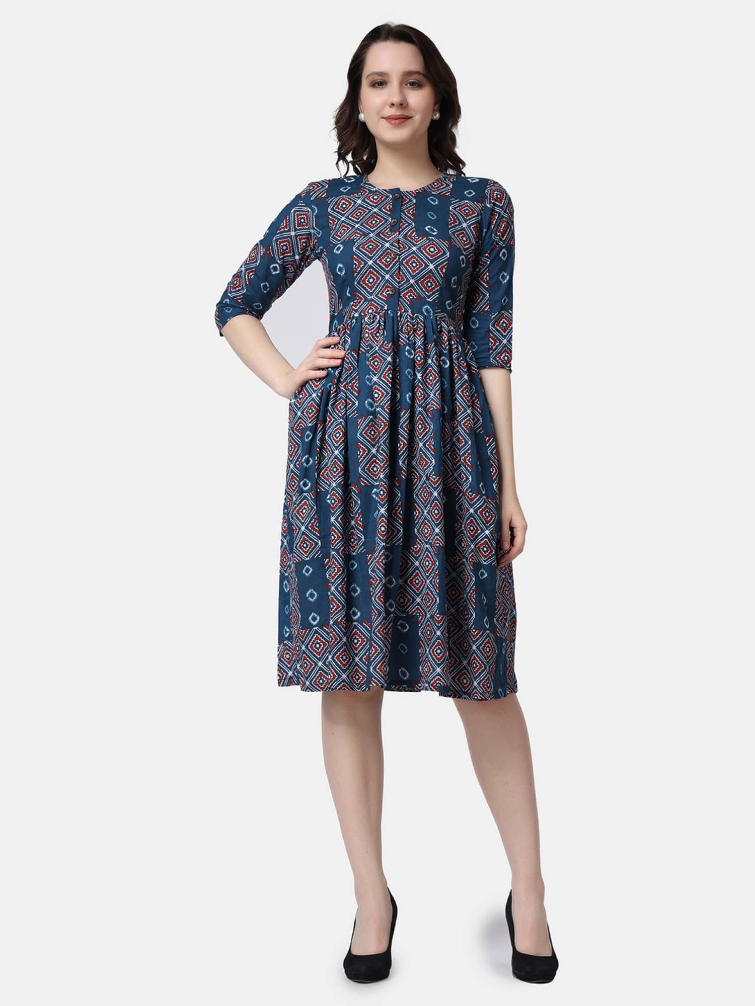 POPWINGS Women Cotton Printed Fit & Flare Dress ( Navy Blue )