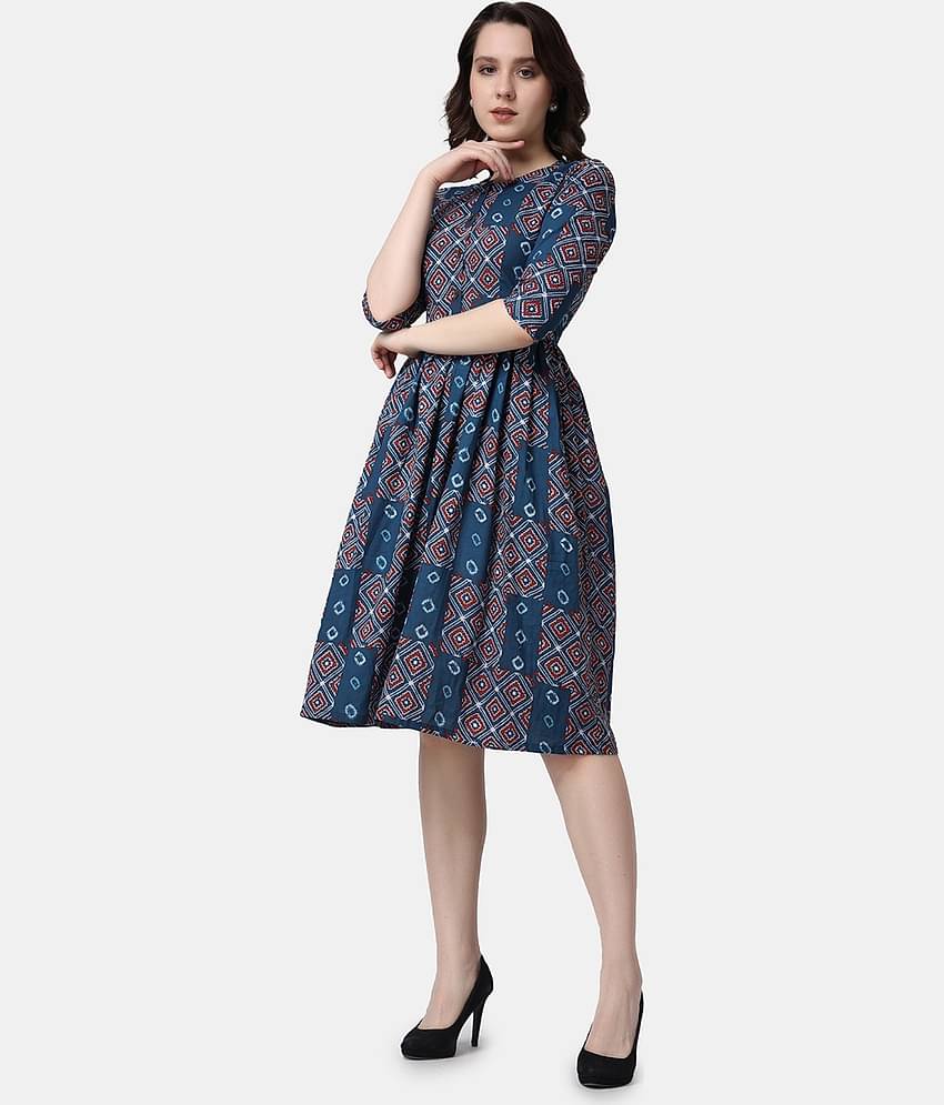 POPWINGS Women Cotton Printed Fit & Flare Dress ( Navy Blue )