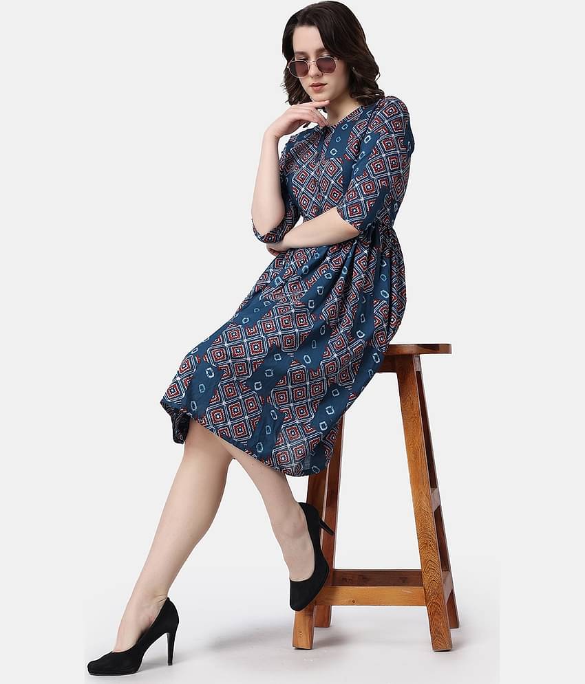 POPWINGS Women Cotton Printed Fit & Flare Dress ( Navy Blue )