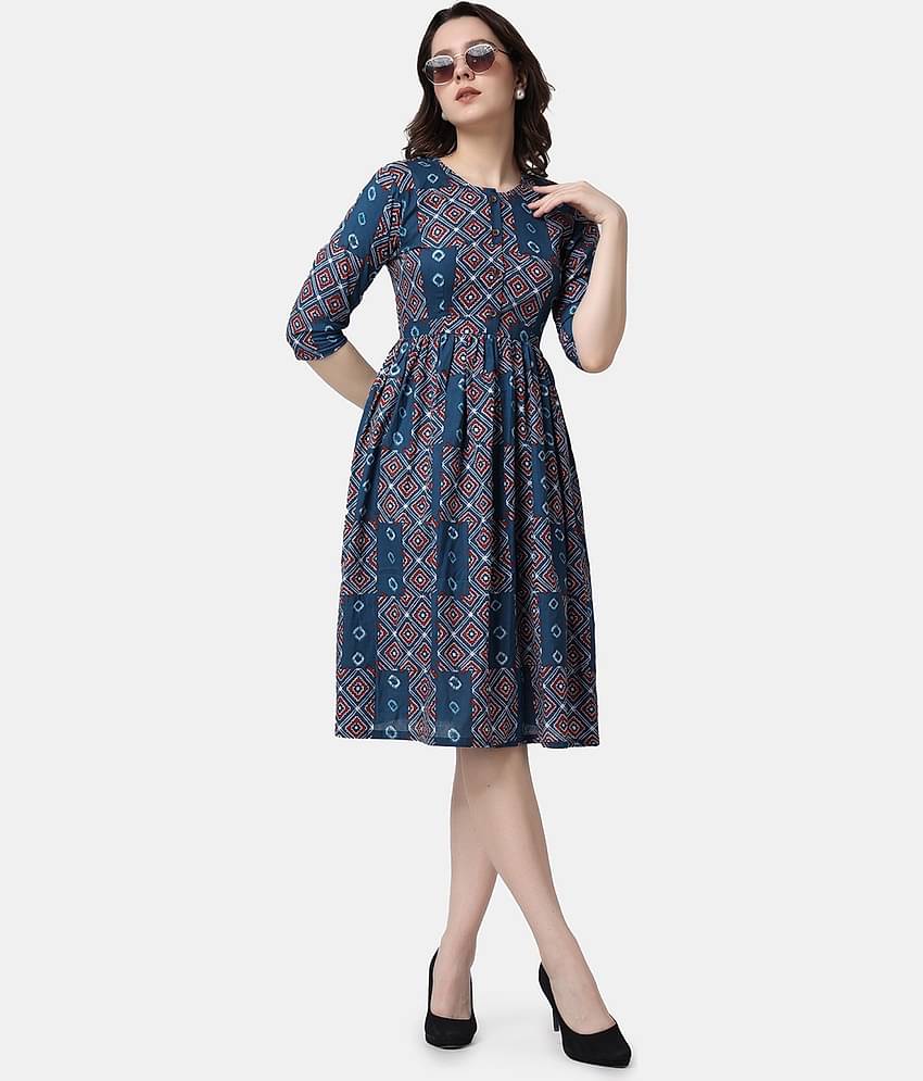 POPWINGS Women Cotton Printed Fit & Flare Dress ( Navy Blue )