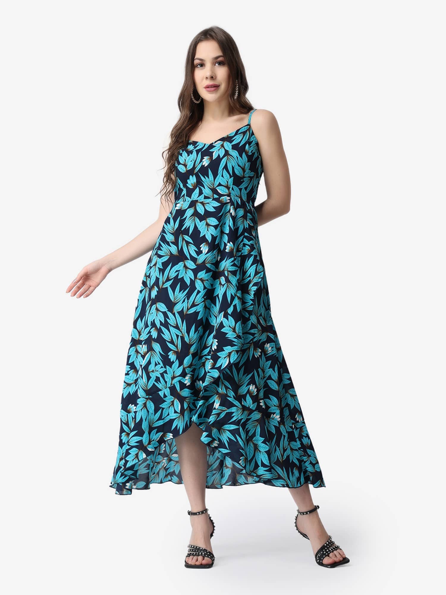 POPWINGS Women Polyester Printed Fit & Flare Dress ( Black )