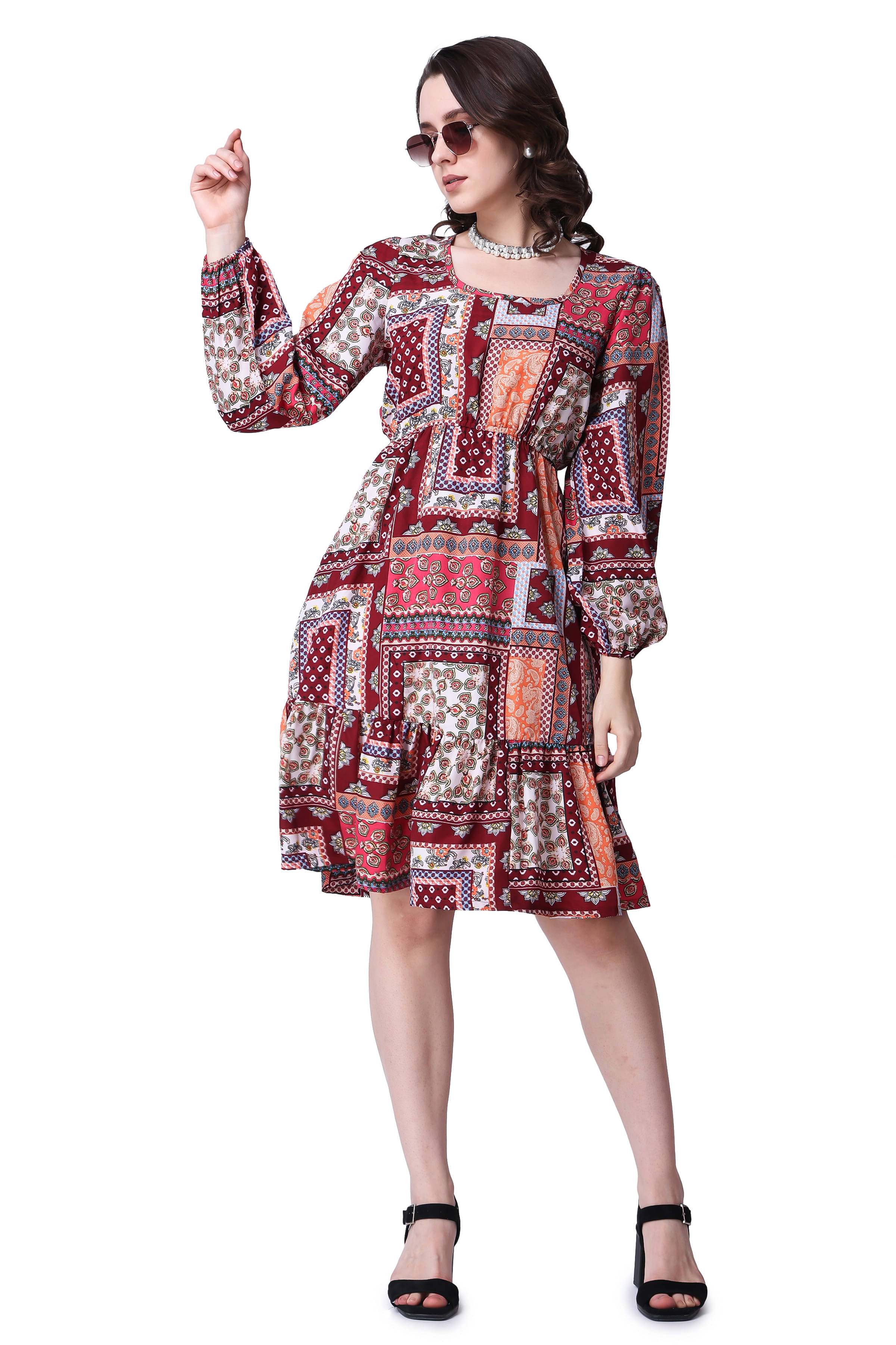 POPWINGS Women Polyester Printed Fit & Flare Dress ( Red ) POPWINGS Women Polyester Printed Fit & Flare Dress ( Red )