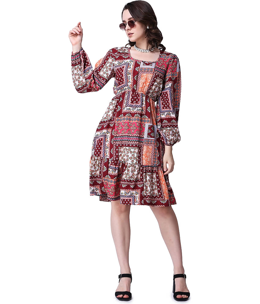 POPWINGS Women Polyester Printed Fit & Flare Dress ( Red )