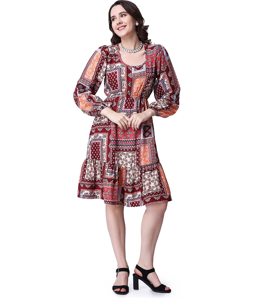 POPWINGS Women Polyester Printed Fit & Flare Dress ( Red )