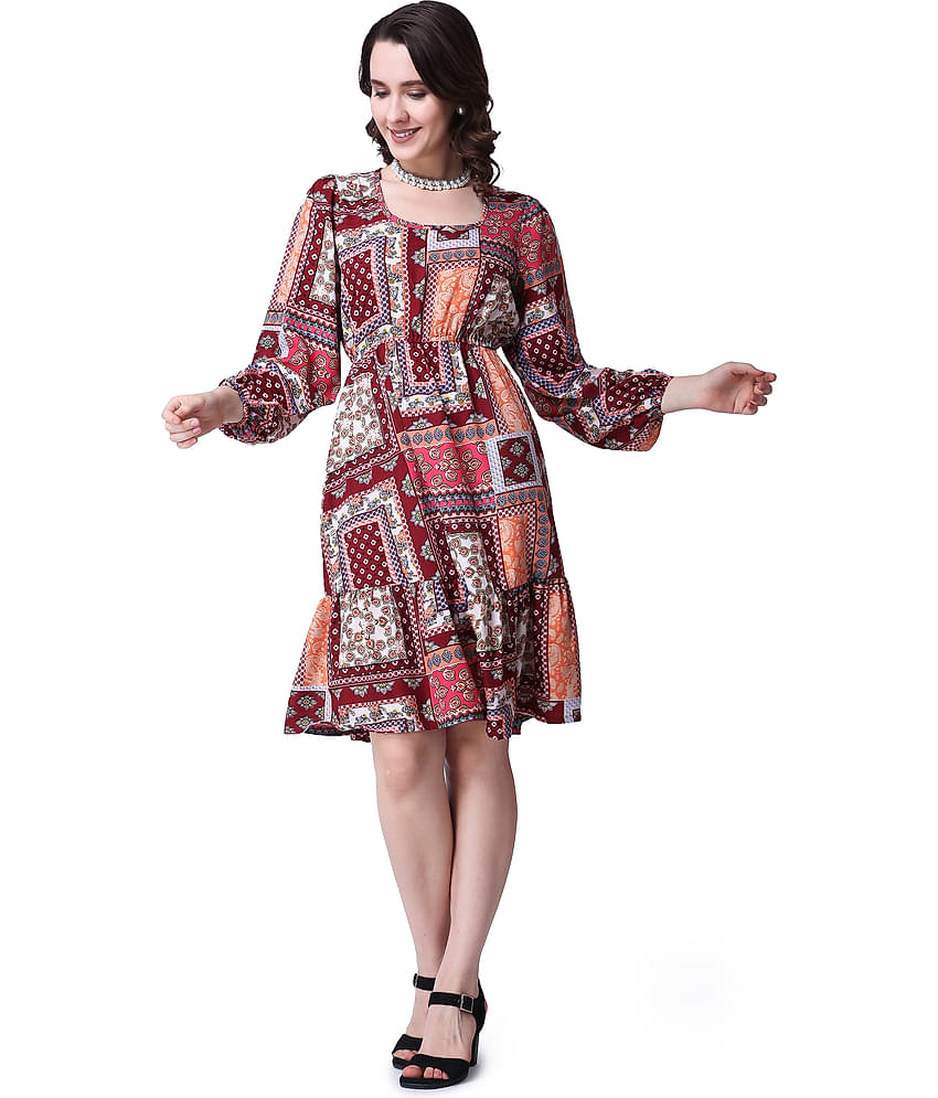 POPWINGS Women Polyester Printed Fit & Flare Dress ( Red )