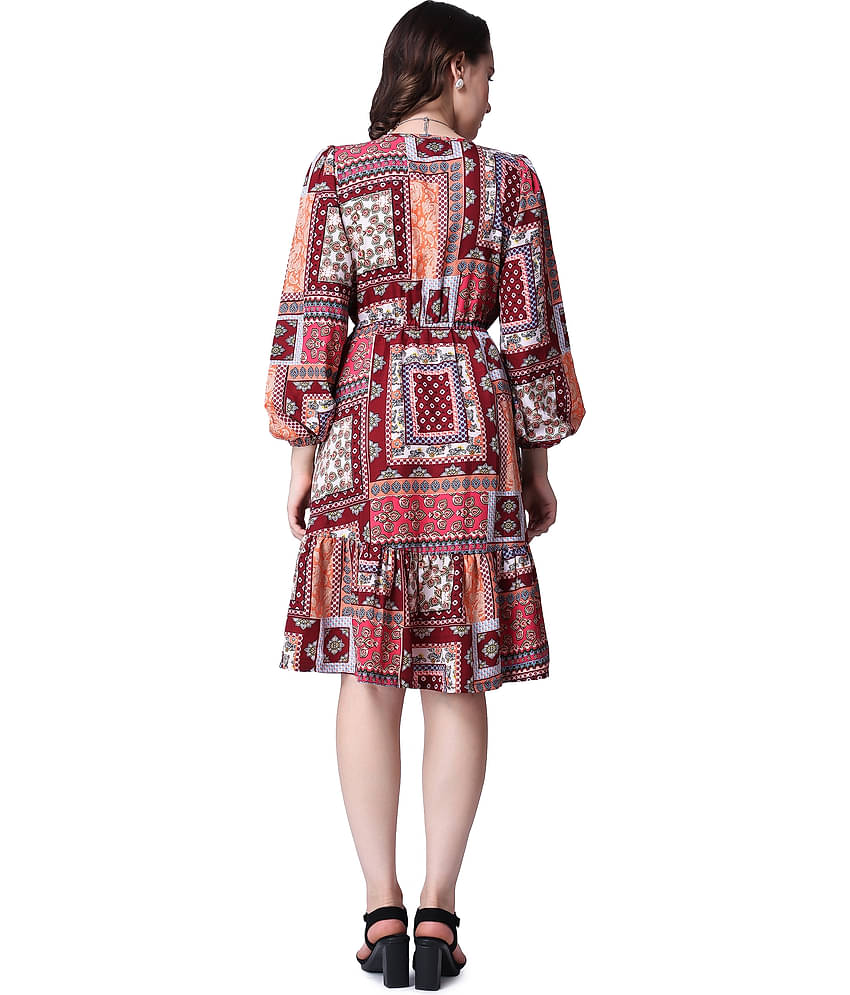 POPWINGS Women Polyester Printed Fit & Flare Dress ( Red )