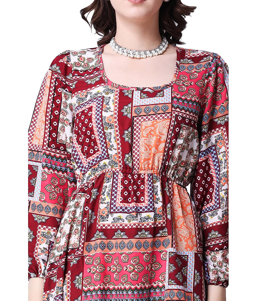 POPWINGS Women Polyester Printed Fit & Flare Dress ( Red )