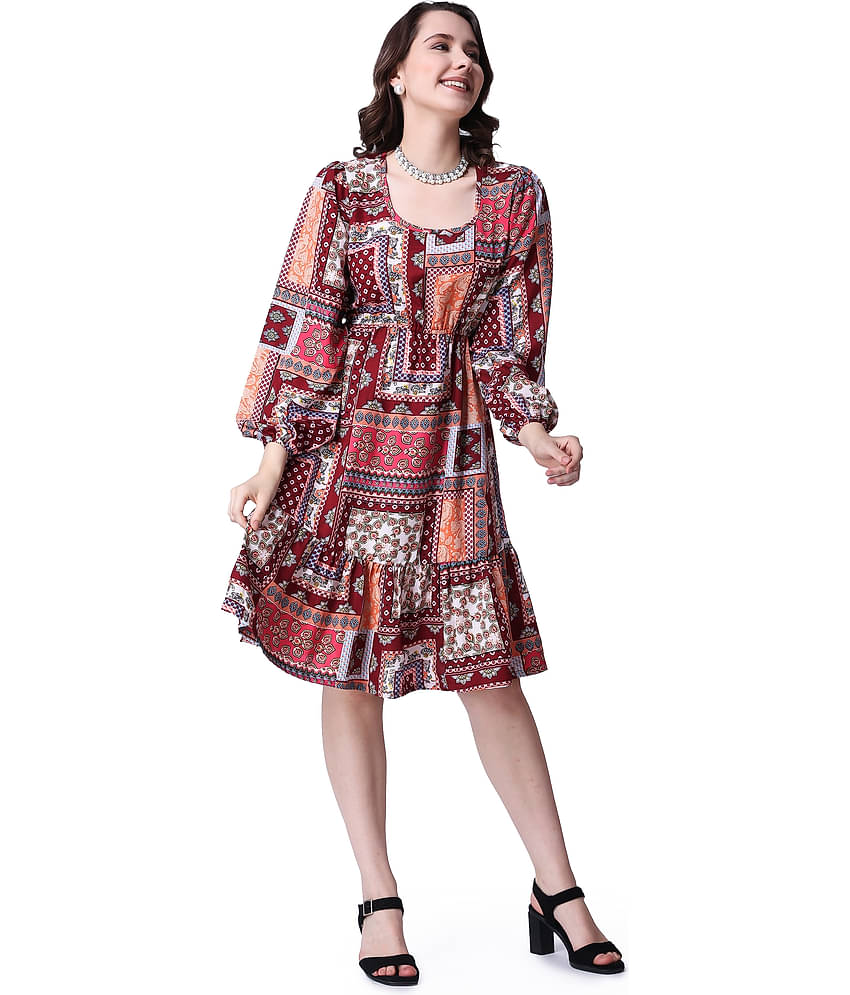 POPWINGS Women Polyester Printed Fit & Flare Dress ( Red )