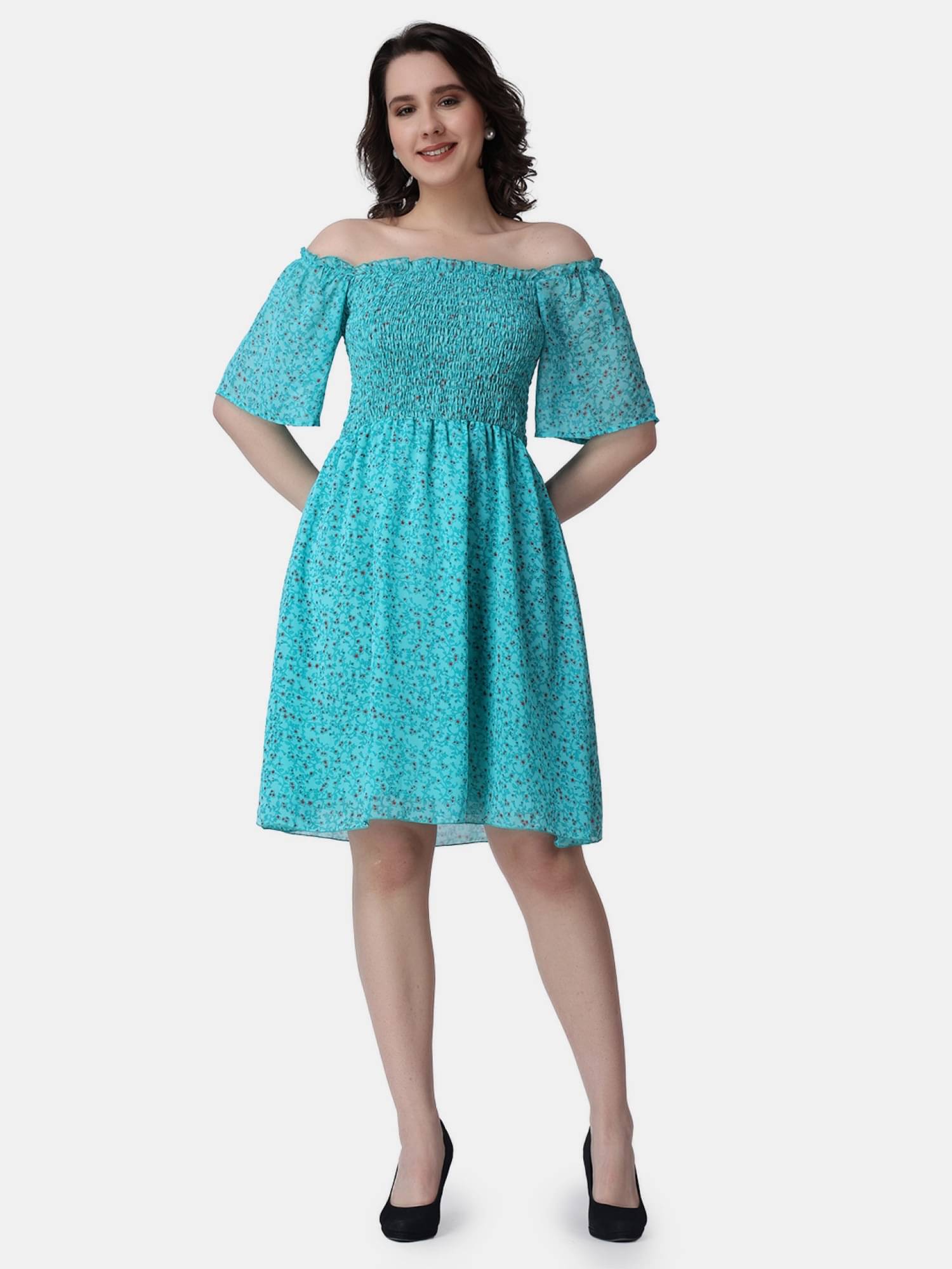     			POPWINGS Women Polyester Printed Fit & Flare Dress ( Turquoise )
