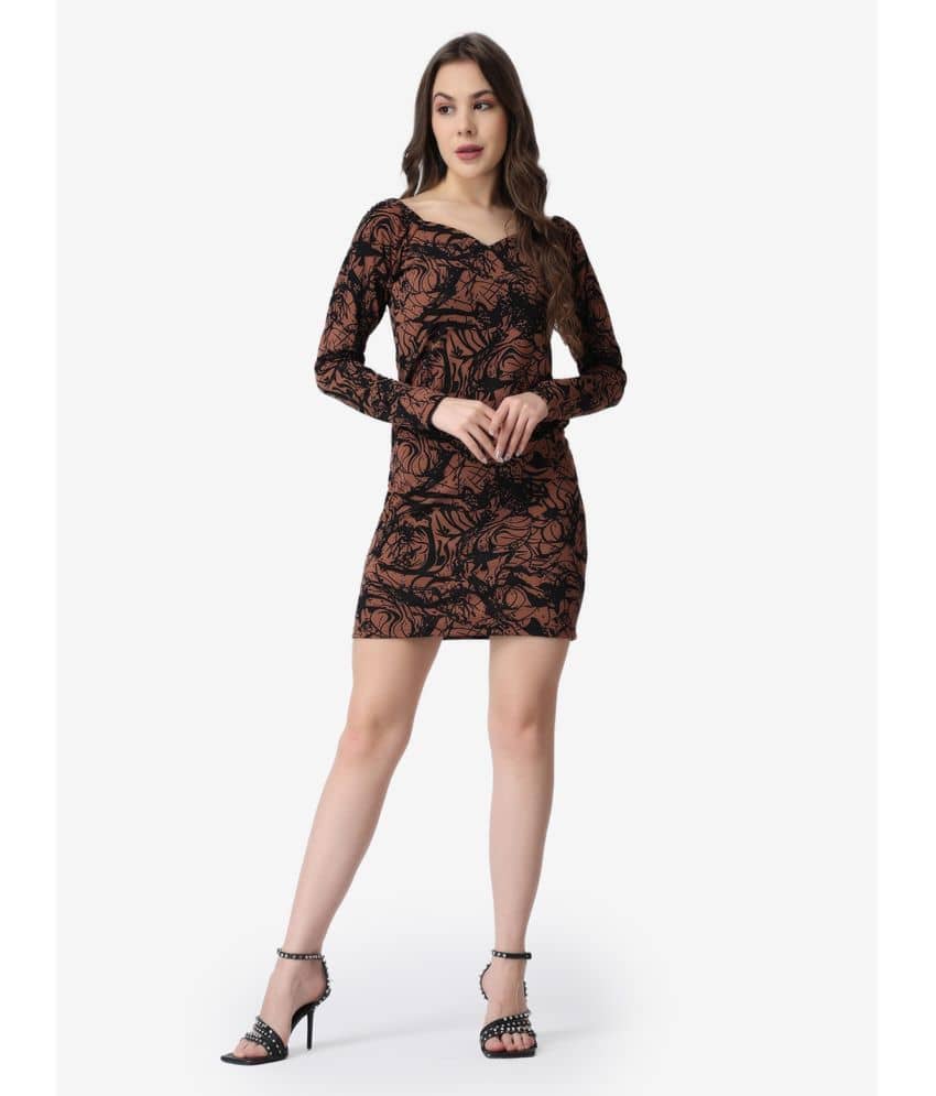 POPWINGS Women Polyester Printed Bodycon Dress ( Brown )