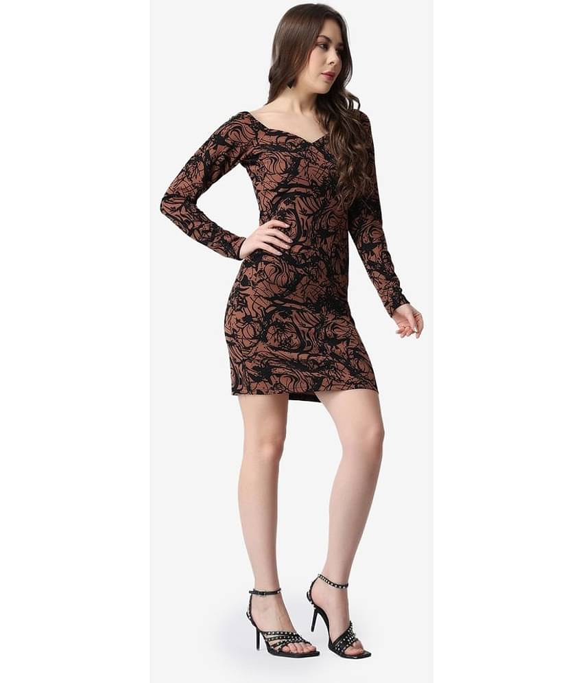 POPWINGS Women Polyester Printed Bodycon Dress ( Brown )