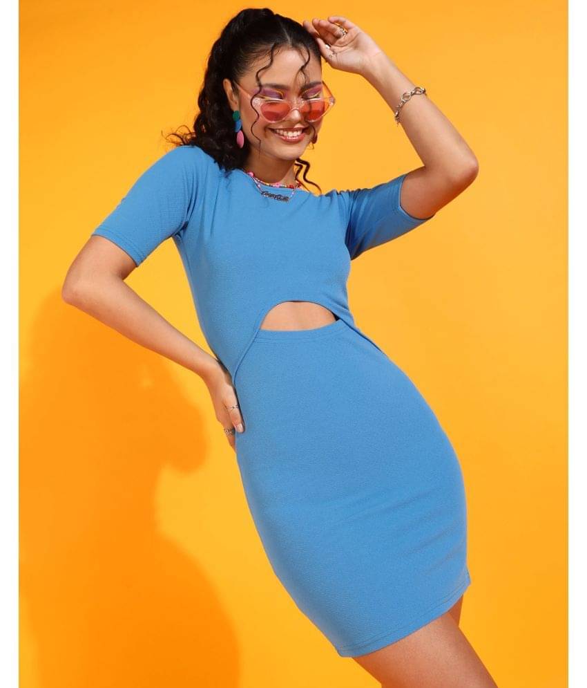 POPWINGS Women Polyester Solid Bodycon Dress ( Blue ) POPWINGS Women Polyester Solid Bodycon Dress ( Blue )