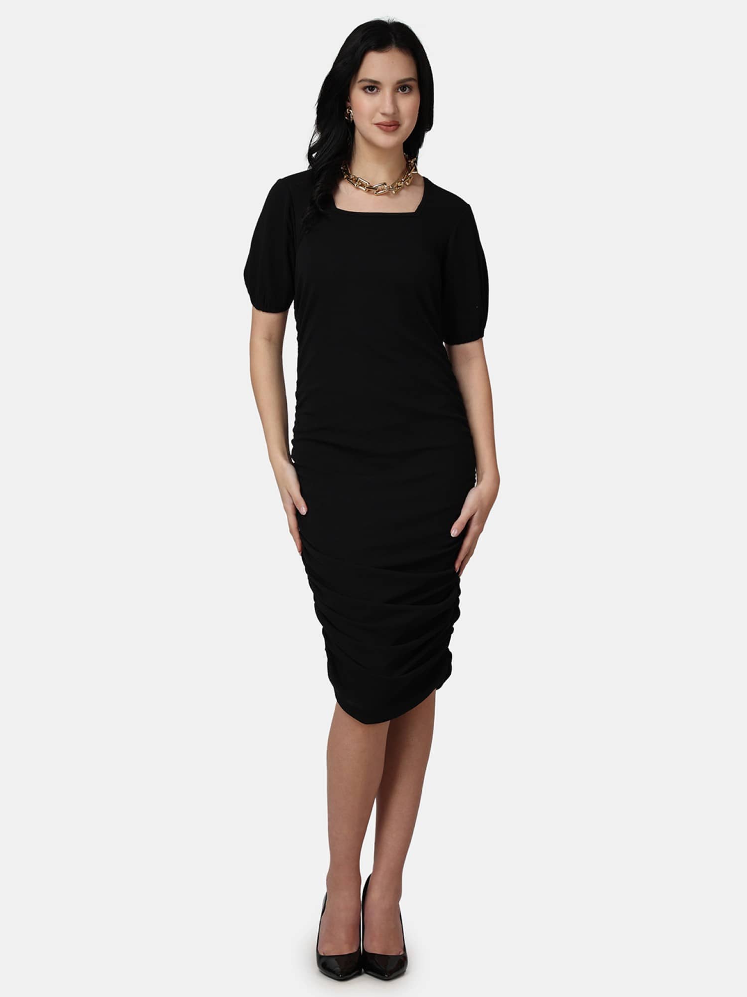 POPWINGS Women Polyester Printed Fit & Flare Dress ( Black )