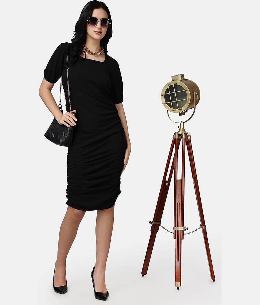 POPWINGS Women Polyester Printed Fit & Flare Dress ( Black )