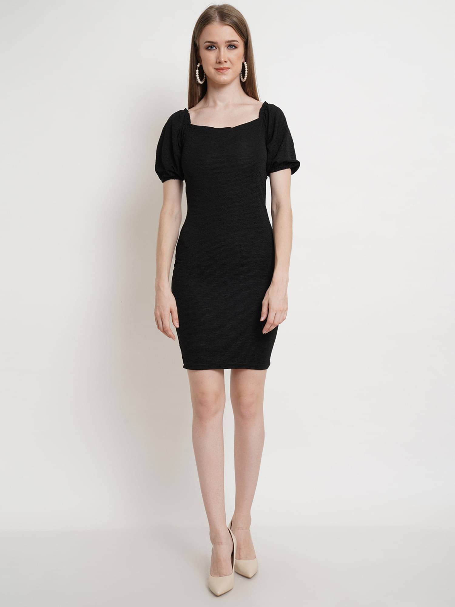     			POPWINGS Women Polyester Solid Bodycon Dress ( Black )