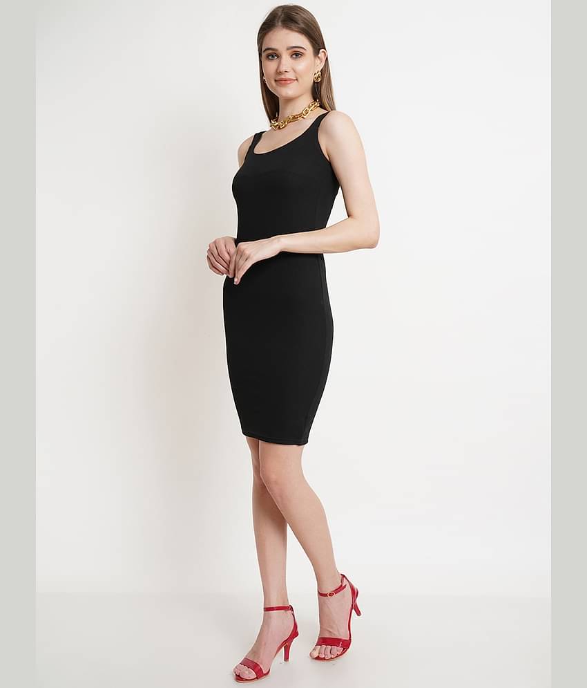 POPWINGS Women Polyester Solid Bodycon Dress ( Black )