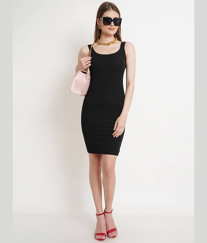 POPWINGS Women Polyester Solid Bodycon Dress ( Black )