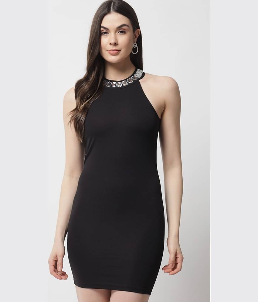 POPWINGS Women Polyester Solid Bodycon Dress ( Black )