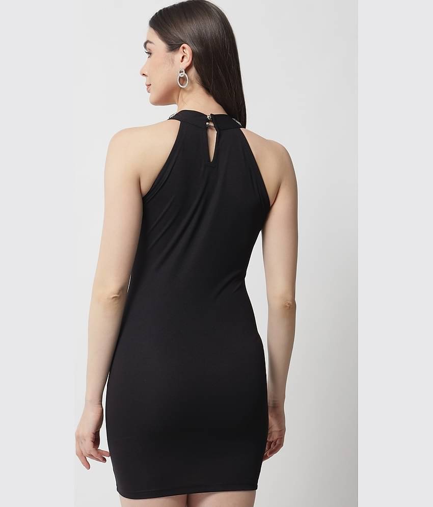 POPWINGS Women Polyester Solid Bodycon Dress ( Black )