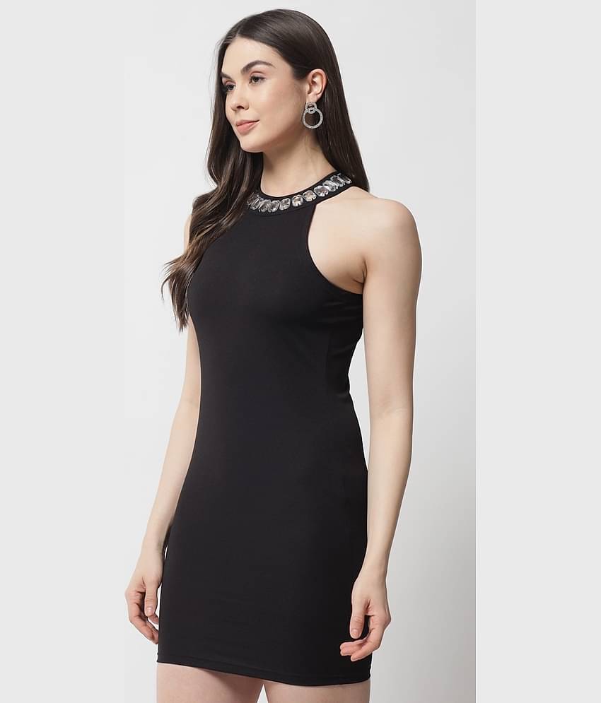 POPWINGS Women Polyester Solid Bodycon Dress ( Black )