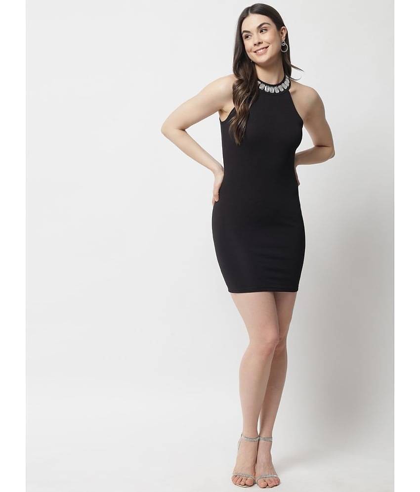 POPWINGS Women Polyester Solid Bodycon Dress ( Black )