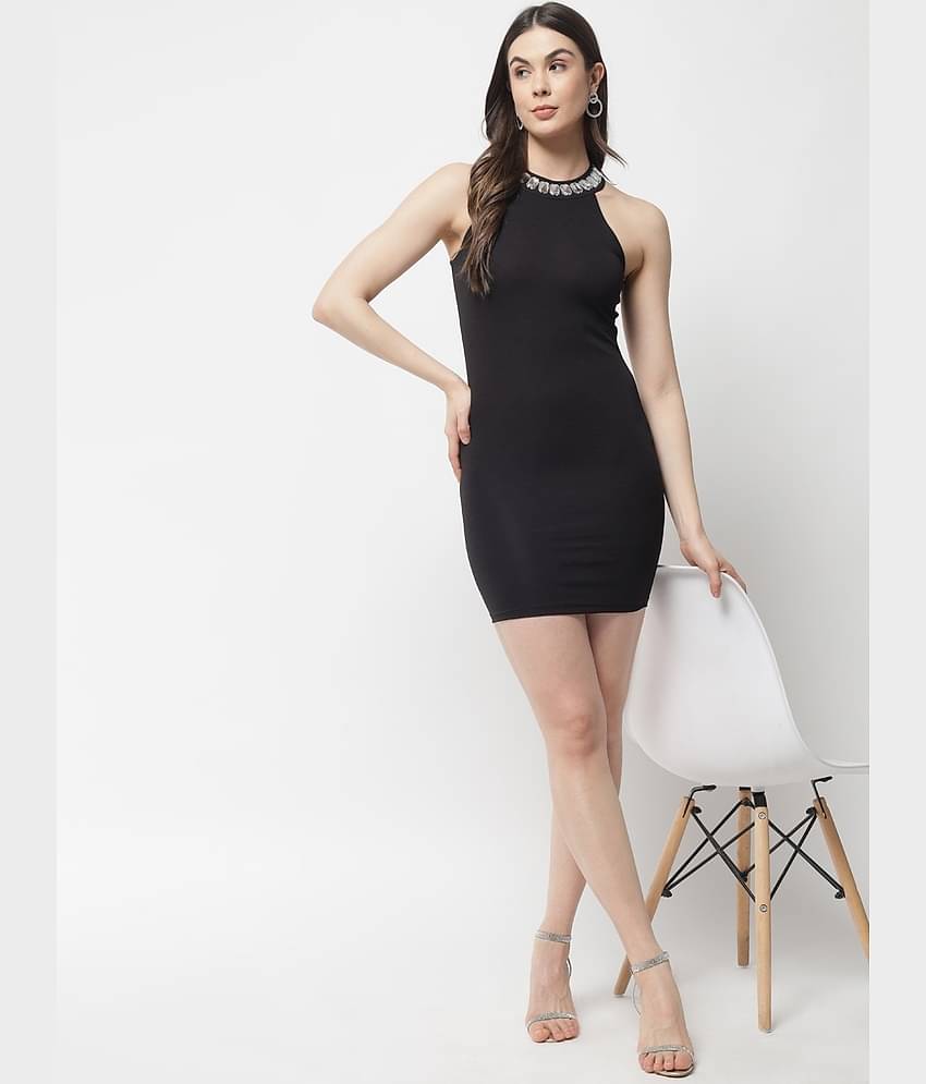 POPWINGS Women Polyester Solid Bodycon Dress ( Black )