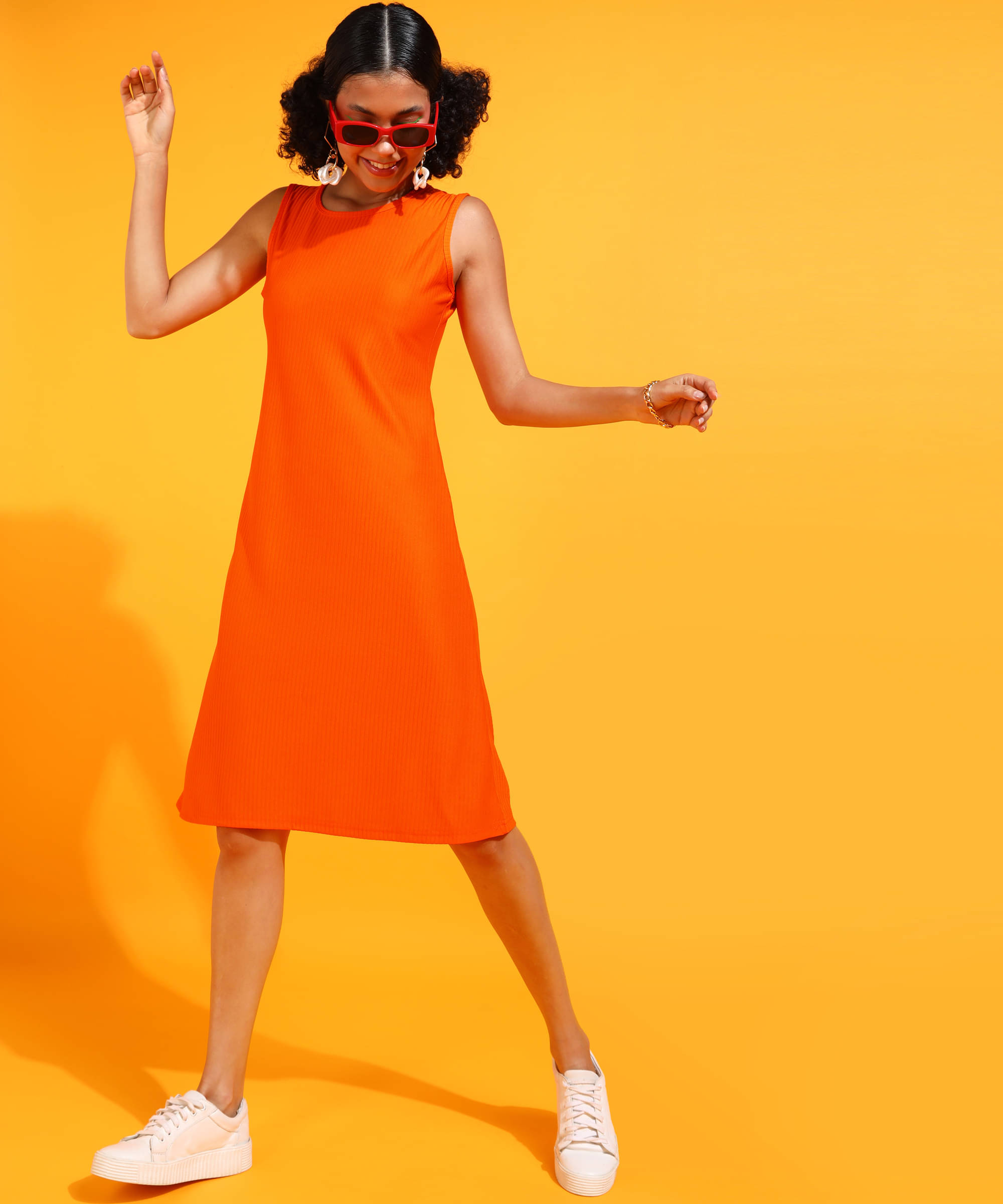 POPWINGS Women Polyester Solid A-line Dress ( Orange ) POPWINGS Women Polyester Solid A-line Dress ( Orange )