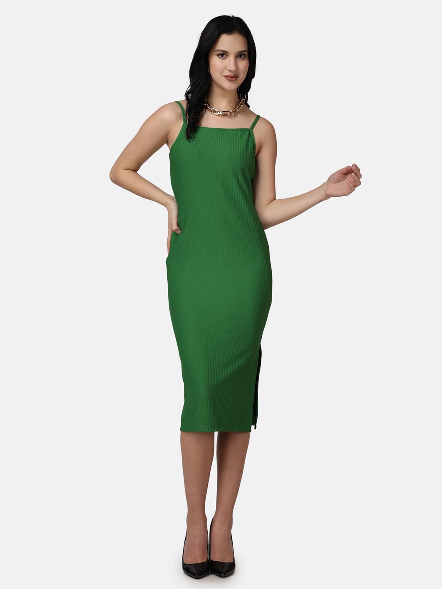 POPWINGS Women Polyester Solid Bodycon Dress ( Green ) POPWINGS Women Polyester Solid Bodycon Dress ( Green )