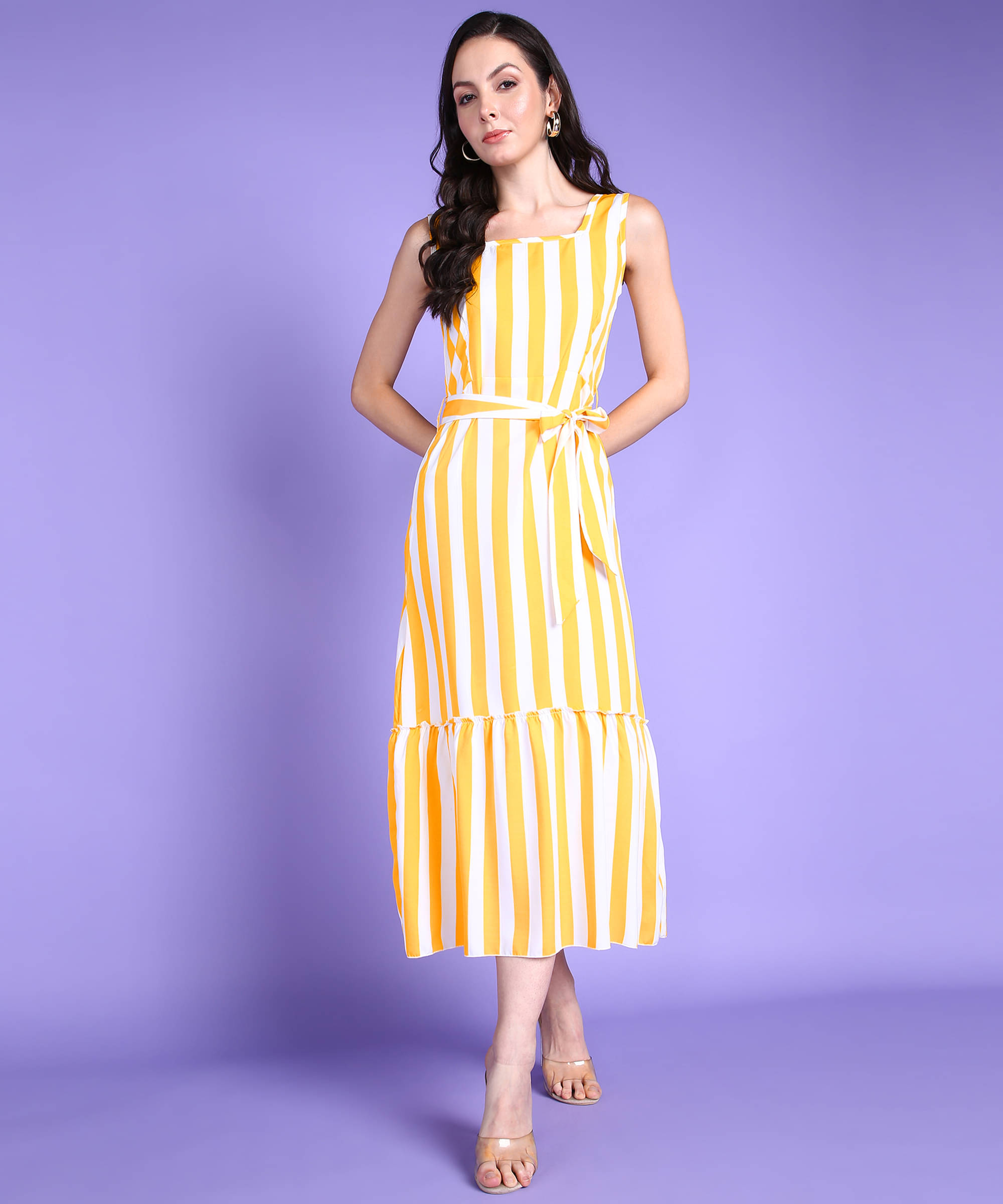     			POPWINGS Polyester Striped Midi Women's A-line Dress - Yellow ( Pack of 1 )