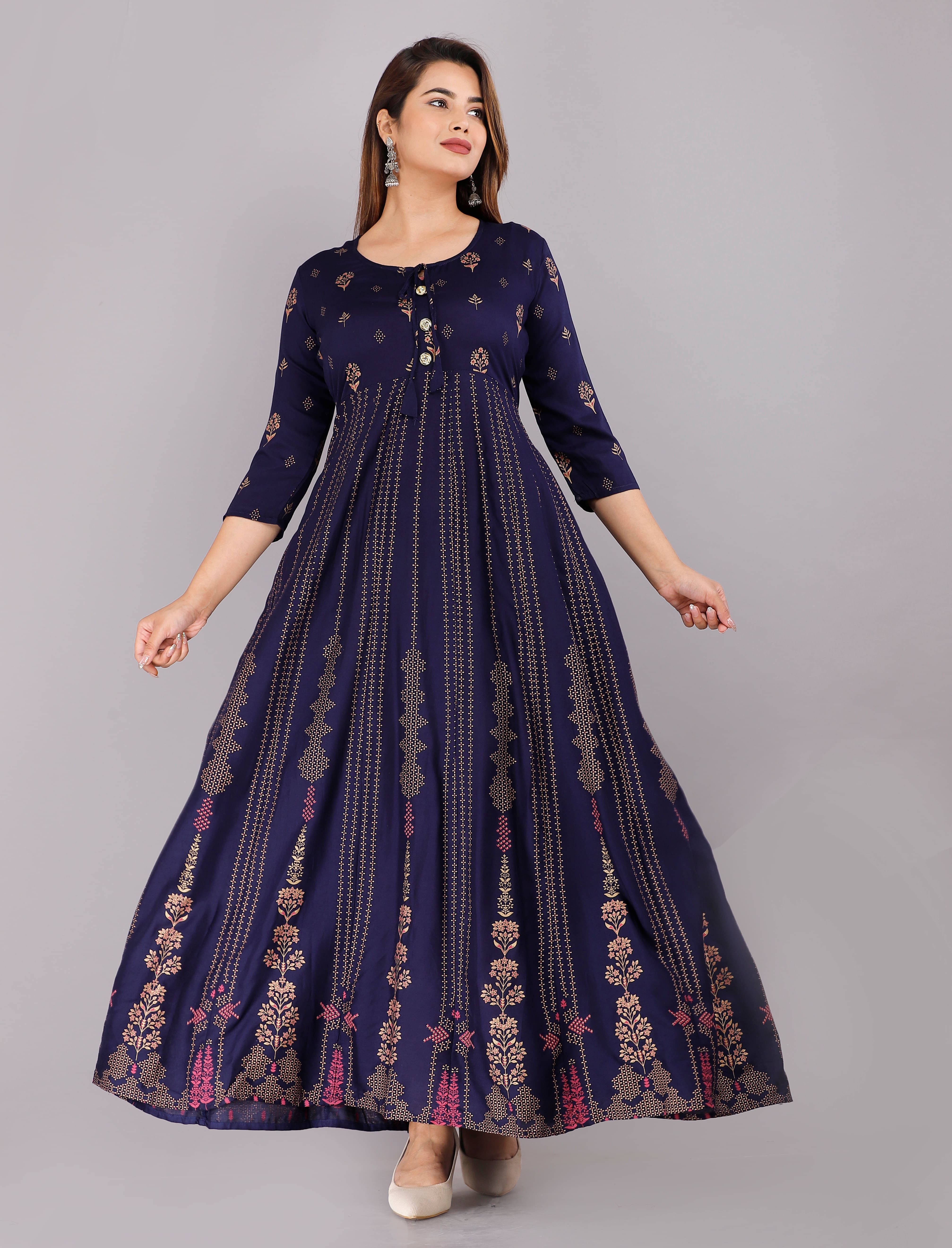     			ANNEIV Viscose Printed Anarkali Women's Kurti - Navy ( Pack of 1 )